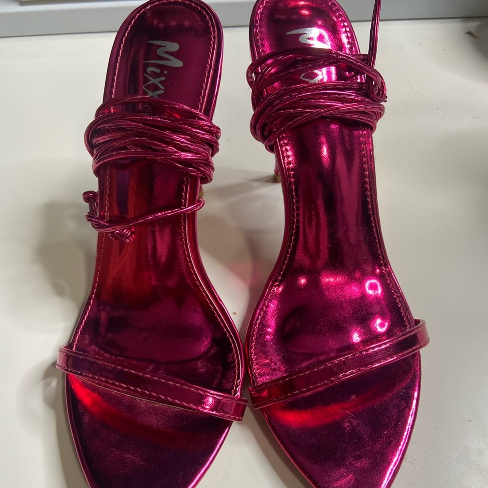 PINK METALLIC LACE UP HEELS